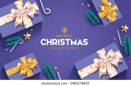 Christmas greetings vector background design. Christmas greeting text with gift boxes, yellow ribbon, spruce and candy cane xmas ornaments in purple blue background. Vector illustration xmas holiday 