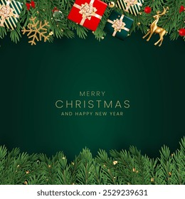 Navidades saludos diseño de fondo de Vector. Texto de saludo de Navidades con árbol de pino, caña de caramelo y cajas de regalo adornos y Elementos de decoración en fondo rojo elegante.