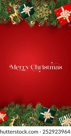 Christmas greetings vector background design. Christmas greeting text with pine tree, candy cane and gift boxes ornaments and decoration elements in red elegant background.