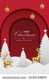 Christmas greetings vector background design. Christmas greeting text with pine tree, candy cane and gift boxes ornaments and decoration elements in red elegant background.
