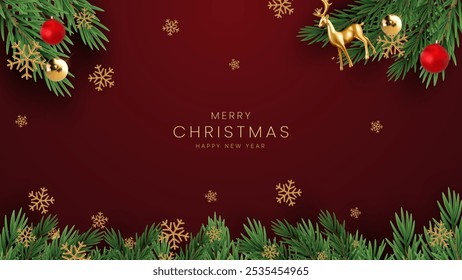 Christmas greetings vector background design. Christmas greeting text with pine tree, candy cane and gift boxes ornaments and decoration elements in red elegant background.
