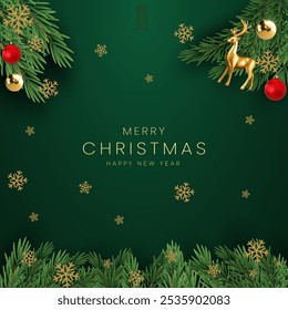 Christmas greetings vector background design. Christmas greeting text with pine tree, candy cane and gift boxes ornaments and decoration elements in red elegant background.
