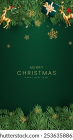 Christmas greetings vector background design. Christmas greeting text with pine tree, candy cane and gift boxes ornaments and decoration elements in red elegant background.
