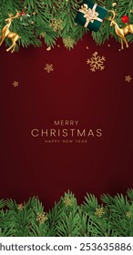 Christmas greetings vector background design. Christmas greeting text with pine tree, candy cane and gift boxes ornaments and decoration elements in red elegant background.
