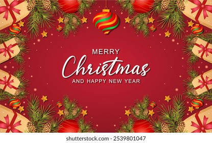 Christmas greetings vector background design. Merry christmas and happy new year greeting text in red background with gift box, spruce, for holiday season. Vector illustration