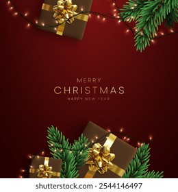 Navidades saludos diseño de fondo de Vector. Luces de la decoración de la Navidad con el árbol de pino, la caña de caramelo y los ornamentos de las cajas de regalo y los Elementos de la decoración en fondo elegante rojo.
