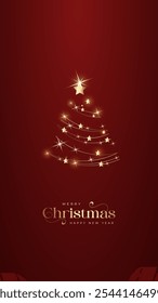 Christmas greetings vector background design. Christmas decoration lights with pine tree, candy cane and gift boxes ornaments and decoration elements in red elegant background.
