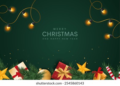 Navidades saludos diseño de fondo de Vector. Texto de saludo de Navidades con árbol de pino, caña de caramelo y cajas de regalo rojas adornos y Elementos de decoración en fondo rojo elegante.