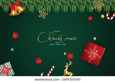 Navidades saludos diseño de fondo de Vector. Texto de saludo de Navidades con árbol de pino, caña de caramelo y cajas de regalo adornos y Elementos de decoración en fondo rojo elegante.