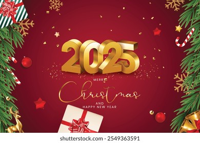 Natal saudações vetor projeto de fundo. Texto de saudação de Natal com pinheiro, cana de doces e presentes enfeites caixas e elementos de decoração em fundo elegante vermelho.