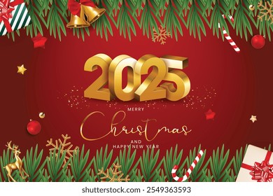 Christmas greetings vector background design. Christmas greeting text with pine tree, candy cane and gift boxes ornaments and decoration elements in red elegant background.