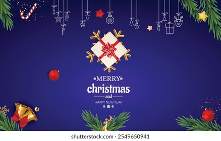 Christmas greetings vector background design. Christmas greeting text with pine tree, candy cane and gift boxes ornaments and decoration elements in red elegant background.