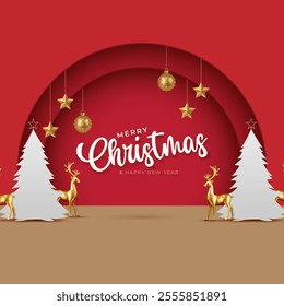 Christmas greetings vector background design. Christmas greeting text with pine tree, candy cane and gift boxes ornaments and decoration elements in red elegant background.
