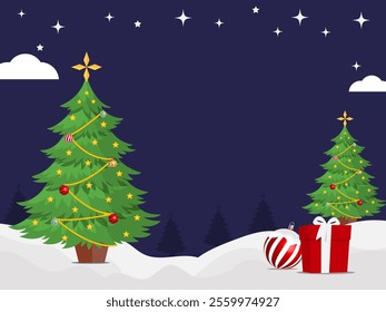 Christmas greetings vector background design. Christmas background with copy space and tree, balls, and gift boxes ornaments on snow.