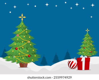Christmas greetings vector background design. Christmas background with copy space and tree, balls, and gift boxes ornaments on snow.