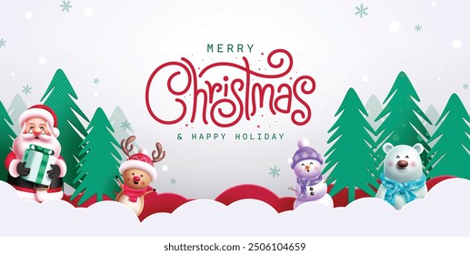 Christmas greetings vector banner design. Merry christmas greeting text in white snow winter background with happy santa claus, snowman, reindeer and polar bear characters in paper cut pine trees 