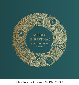 Christmas Greetings Vector Banner Template. Winter Holiday Symbol Doodle Pine Branches Wreath Sketch on Green Background. New Year Frame Label Hand Drawn Design with Golden Glitter.
