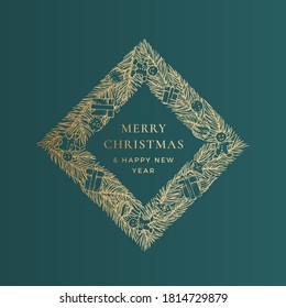 Plantilla de cartel vectorial de felicitaciones de Navidad. Símbolo de invierno: ramas de pincho de Doodle para la fiesta de invierno: esbozo de coro sobre fondo verde. Etiqueta de marco de Rhombus de Año Nuevo o Diseño de tarjeta con brillo dorado.