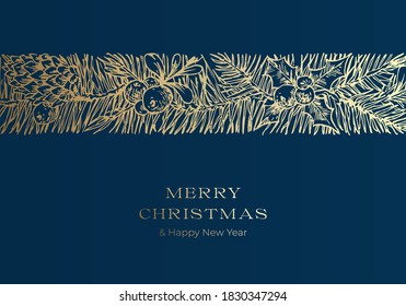 Plantilla de cartel vectorial de felicitaciones de Navidad. Símbolo de vacaciones de invierno: ramas de pino de Doodle, banda decorativa o esbozo de banda sobre fondo azul. Etiqueta de año nuevo o diseño de tarjeta con brillo dorado.