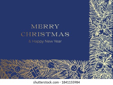 Christmas Greetings Vector Banner Template. Winter Holiday Doodle Pine Branches Decorative Stripes Sketches on Blue Background. New Year Label or Card Design with Golden Glitter.