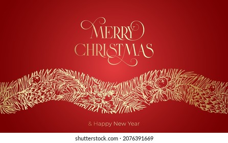 Plantilla de cartel vectorial de felicitaciones de Navidad. Marco decorativo de raya dorada ondulada en el fondo rojo para las vacaciones de invierno Spruce y Holly Doodle Wavy Golden Stripe. Diseño de tarjetas o etiquetas de Año Nuevo con banda de follaje Holyday.