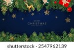 Christmas greetings vector blue background design. Christmas greeting text with pine tree, candy cane and gift boxes ornaments and decoration elements in red elegant background.
