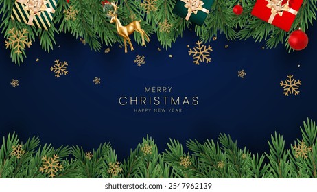 Weihnachtsgrüße, Vektorblau-Hintergrund-Design. Weihnachtsgrußtext mit Kiefer, Zuckerrohr und Geschenkboxen Ornamente und Dekorationselemente auf rotem, elegantem Hintergrund.
