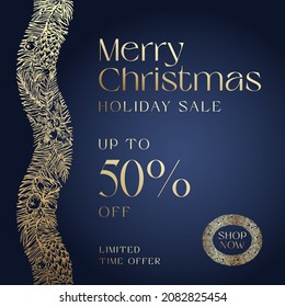 Christmas Greetings Vector Card Template. Winter Holiday Spruce and Holly Doodle Wavy Stripe Decorative Frame on Blue Background. New Year Social Media Post Design with Holyday Foliage Band.