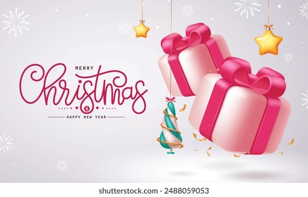 Navidades saludos diseño de Vector. Feliz Navidad en cajas de regalo rosas, colgando árbol de navidad y estrellas adornos en fondo copos de nieve. Diseño de tarjeta de temporada de vacaciones de Ilustración vectorial. 
