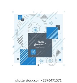Christmas greetings. Vector geometric poster decorated with spiral, snowflakes and geometric shapes.