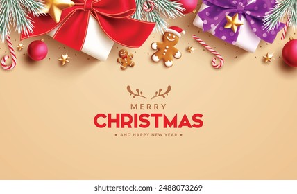 Christmas greetings vector template design. Merry christmas greeting text with gift boxes, spruce leaves, xmas balls, candy cane, stars and confetti elements in elegant background. Vector illustration