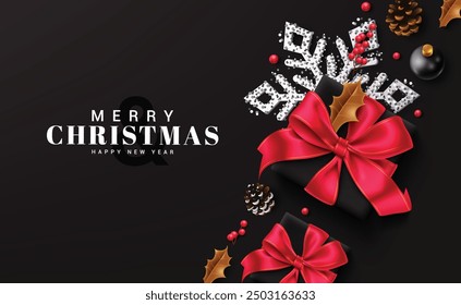 Christmas greetings vector template design. Merry christmas greeting text in elegant black background with gift box, glitter snowflakes, spruce leaves and holly berry elements. Vector illustration 