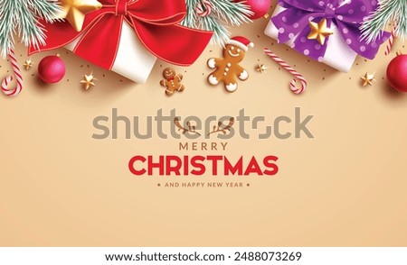 Christmas greetings vector template design. Merry christmas greeting text with gift boxes, spruce leaves, xmas balls, candy cane, stars and confetti elements in elegant background. Vector illustration