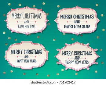 Christmas greetings vintage classic frames set. Retro design. Golden sequins polka dot background.