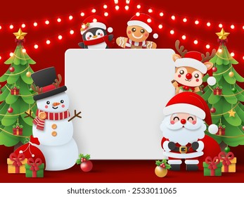 Christmas Greetings, the warm and festive mood with Santa, the snowman, penguin, gingerbread man, and reindeer around a space for holiday messages.