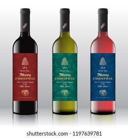 Christmas Greetings Wine Bottle Labels Concept. Red, White and Pink Wine Set on the Realistic Vector Bottles. Winter Holidays Pattern Background with Hand Drawn Holly, Deer, Sock, Candy Cane. Isolated