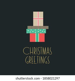Christmas Greetings. Winter holiday vintage greeting card. Illustration of gift boxes a dark background. Vector 10 EPS.