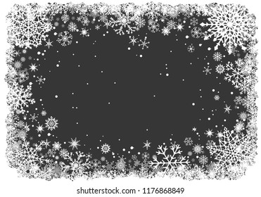Christmas greting card with white frame of snowflakes on dark grey background. New-Year winter vector illustration.
