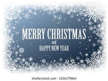 Christmas greting card with white frame of snowflakes on dark blue background. New-Year winter vector illustration with copy-space.