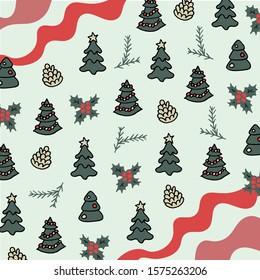 Christmas grey background in doodle style with 
ribbons, Christmas trees, cones, branches and holly. For decorations or gift paper.
