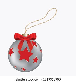 Christmas grey balloon with a pattern and bows on a gold chain, isolated on a white background. Vector illustration.