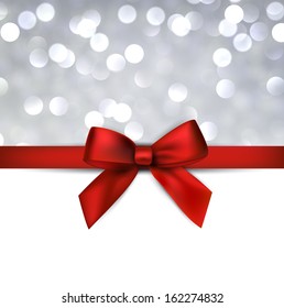 Christmas Grey Defocused Background With Red Bow. Vector Eps10. 