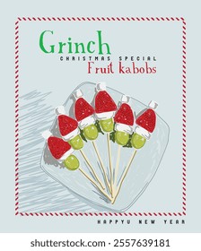 Christmas Grinch fruit kabobs.  all of the decadent desserts during the holidays. I made these fun little guys for the kids to enjoy and decorate for a snack