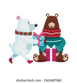 christmas grizzly bear and polar bear with gift boxes over white background, vector illustration