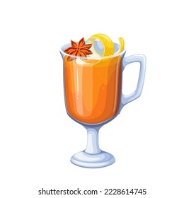 Christmas grog vector illustration. Cartoon isolated hot Xmas drink in glass with handle, star anise decoration and lemon zest spiral, grog with citrus fruit and spices, Christmas market beverage