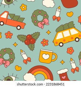 Christmas groove vintage seamless pattern on blue background.