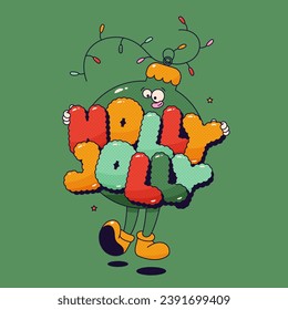 Personaje navideño de bola groovy con letras Holly Jolly y garland sobre fondo verde.