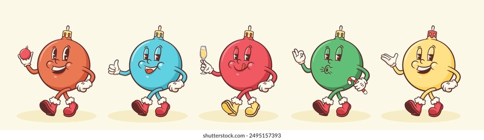 Christmas Groovy Ball Retro Characters Set. Cartoon Bauble Decorative Personage Collection. Vector Winter Holiday Mascot Templates. Happy Vintage Cool New Year Illustrations. Isolated