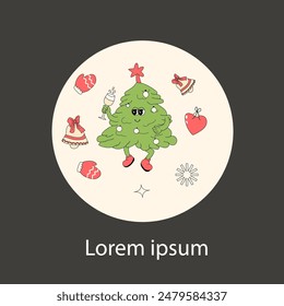 Christmas groovy banner with cartoon characters. Xmas square background. Merry Christmas and Happy New Year banner template. Groovy y2k characters and elements background.