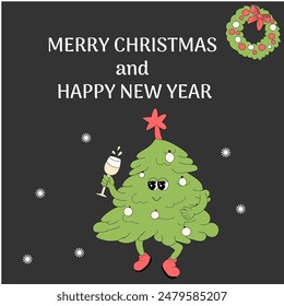 Christmas groovy banner with cartoon characters. Xmas square background. Merry Christmas and Happy New Year banner template. Groovy y2k characters and elements background.